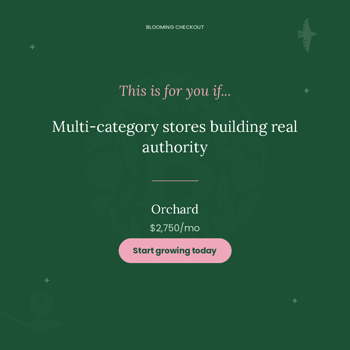 Promotional graphic for Orchard with a green background and text about multi-category stores building authority.