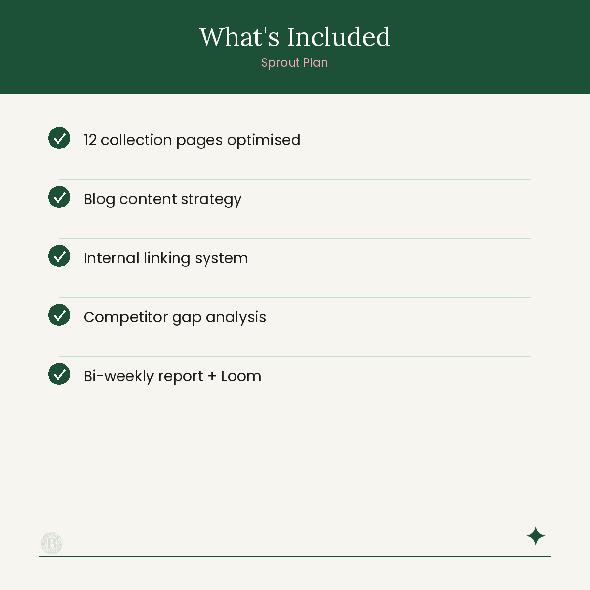 List of included services with checkboxes on a green and white background