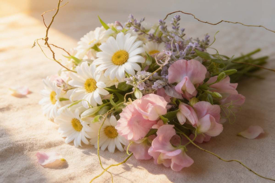 White daisies and pastel sweet peas on a linen surface — April birth flowers