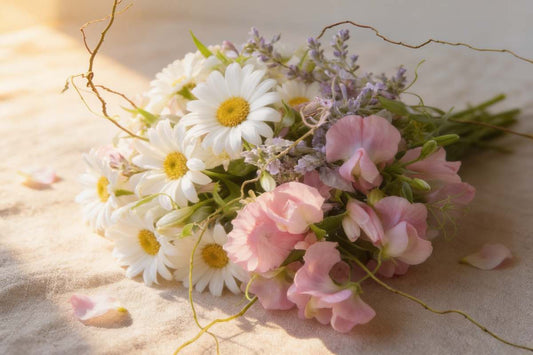 White daisies and pastel sweet peas on a linen surface — April birth flowers