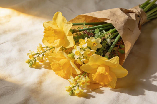 A hand-tied posy of yellow daffodils and golden jonquils wrapped in kraft paper - Blooming Checkout
