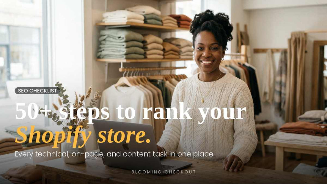 A boutique owner smiling at her laptop behind a wooden counter surrounded by folded knitwear in neutral tones — illustrating the Shopify SEO checklist for small business owners