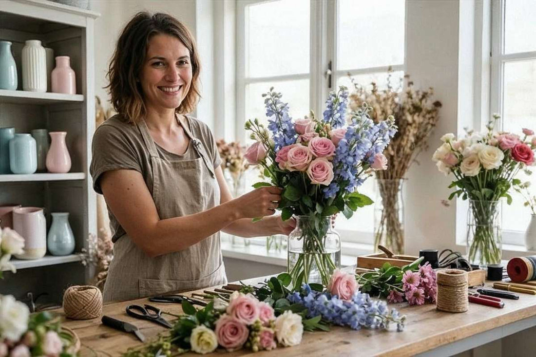 Florist smiling while arranging pink roses and blue blooms in a bright studio workspace, with tools and stems on the table. SEO for Florist Businesses. 