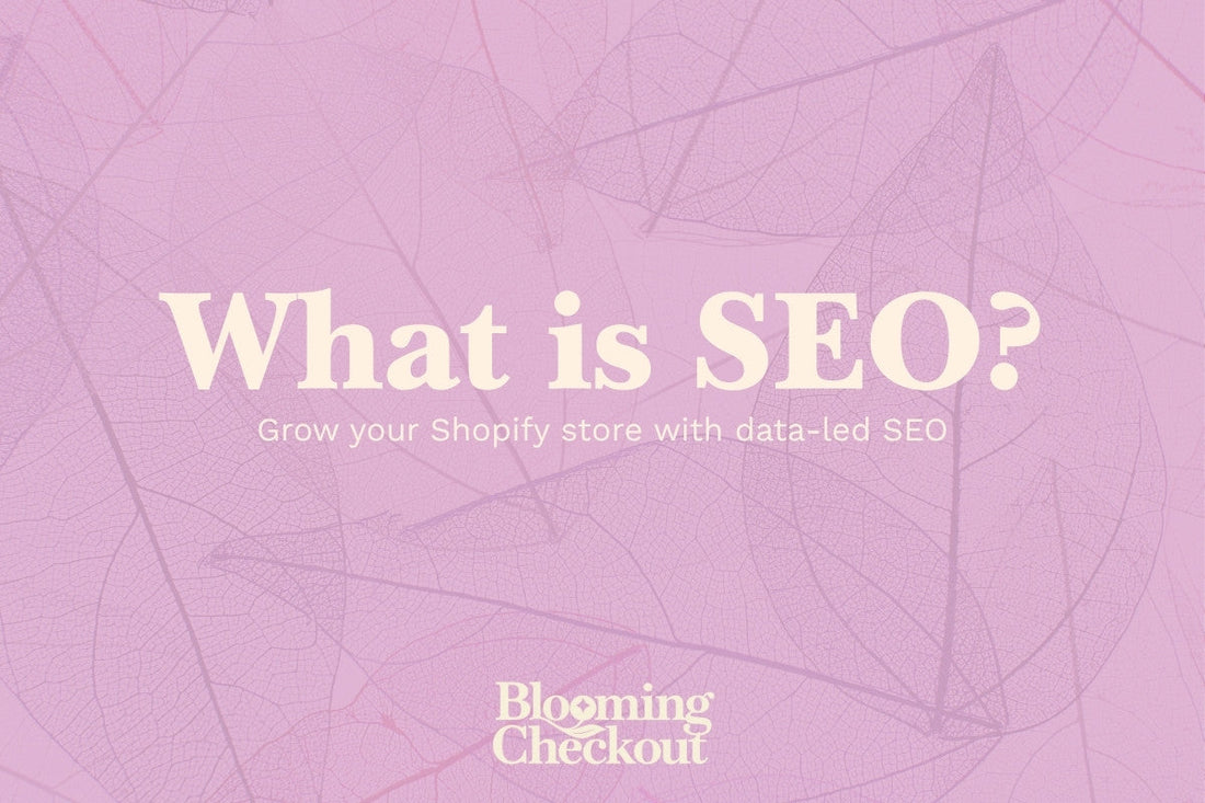 Banner reading What is SEO? Grow your Shopify store with data-led SEO on pink leaf background for Blooming Checkout.