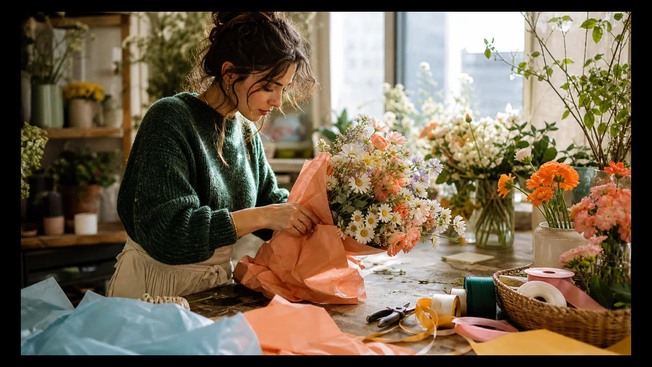 Florist wrapping daisies and sweet peas at a bright spring workbench