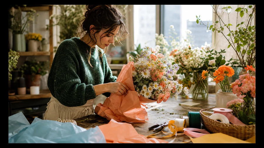 Florist wrapping daisies and sweet peas at a bright spring workbench