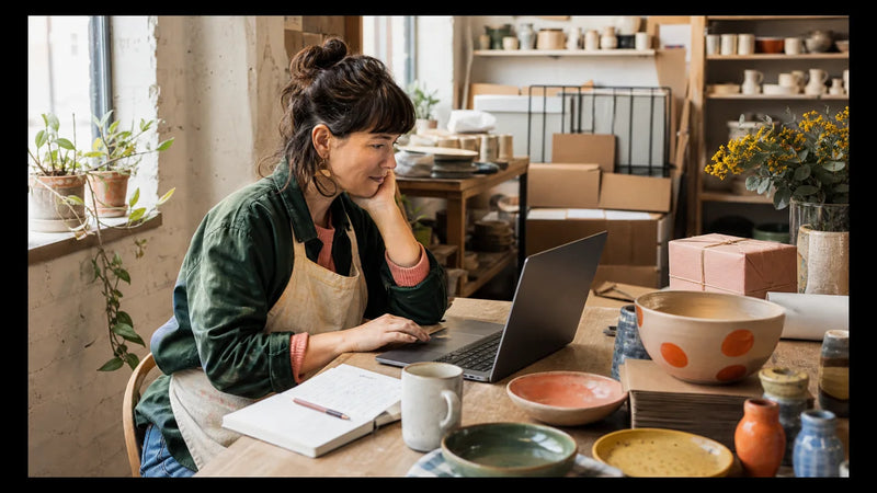 Ceramic studio owner comparing Shopify SEO apps on a laptop beside order notes and handmade products