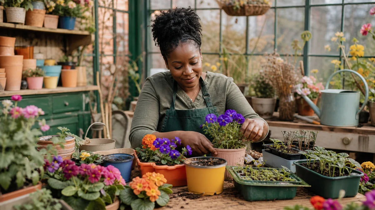 Black woman flower grower arranging violets and primroses beside colourful pots in a small studio
