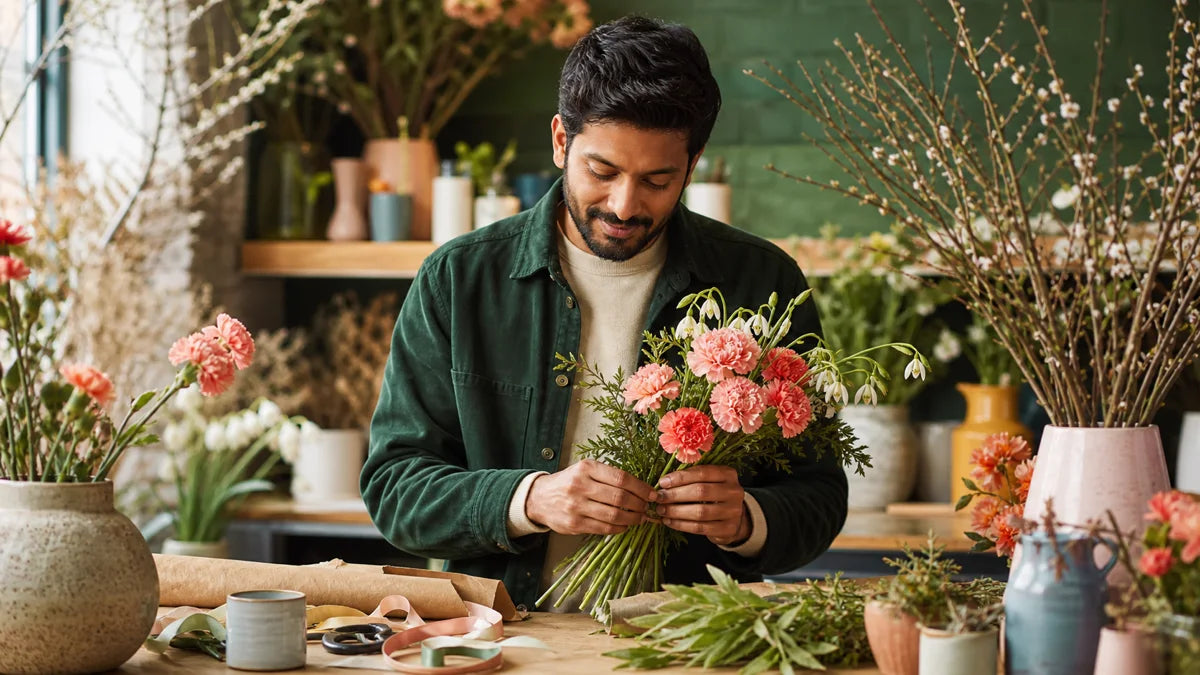 South Asian male florist holding pink carnations and snowdrops at a winter flower workbench