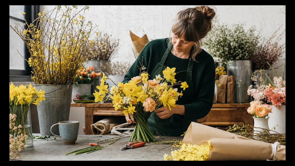 Florist arranging yellow daffodils and jonquils in a colourful flower studio