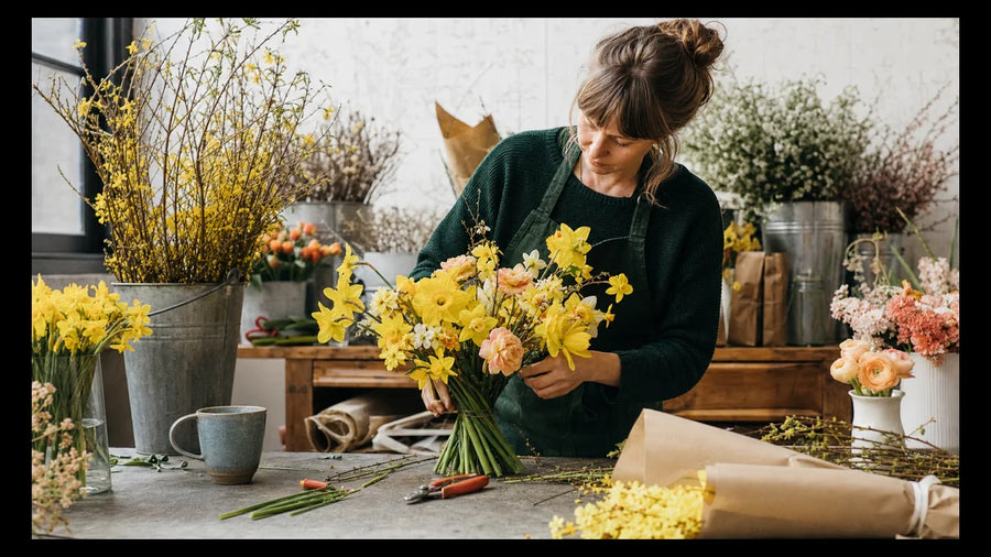 Florist arranging yellow daffodils and jonquils in a colourful flower studio