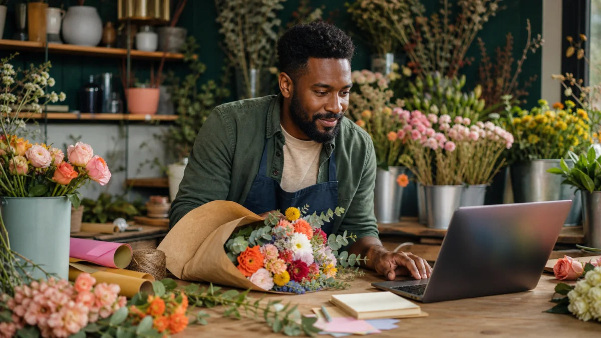 Black male florist checking his online shop on a laptop while arranging flowers for delivery