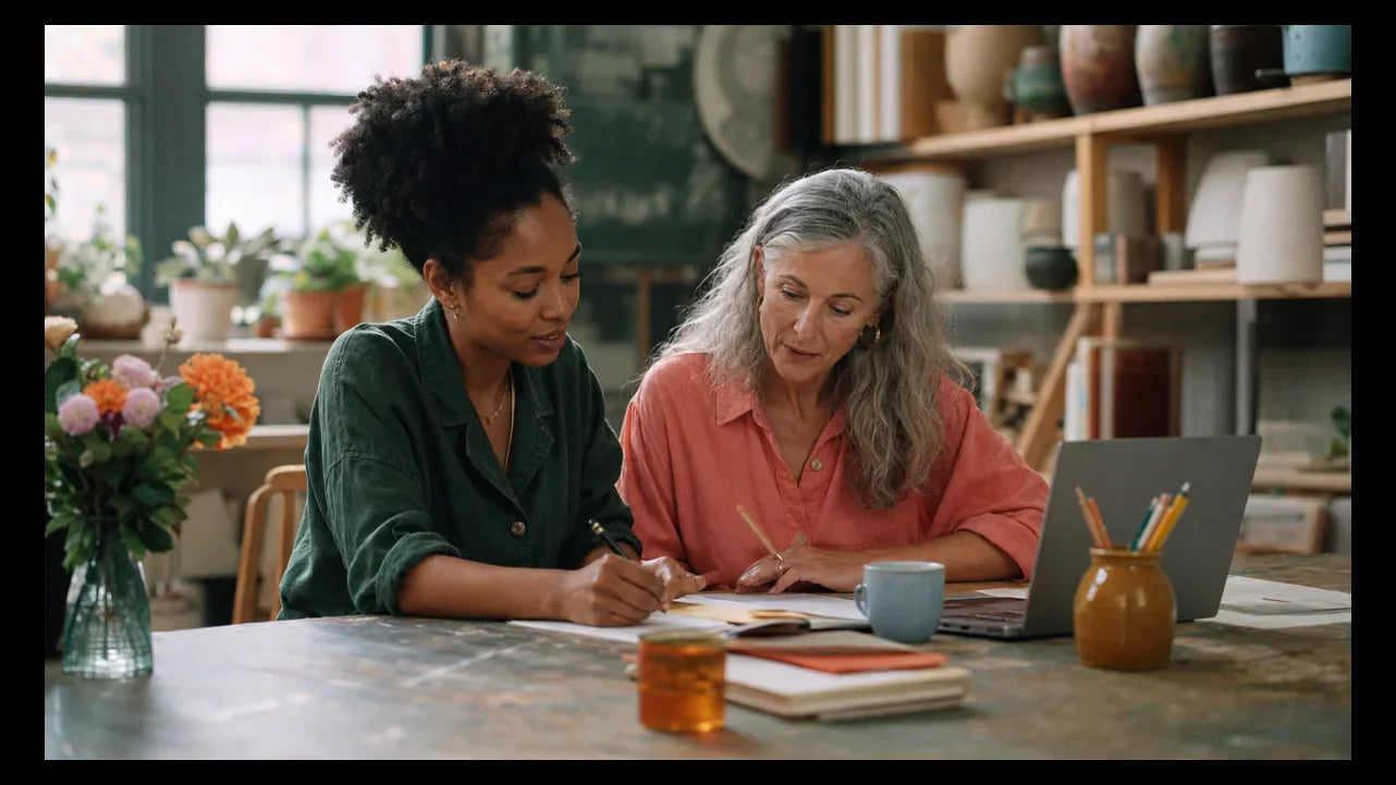 Small business founder and experienced adviser reviewing a growth plan together in a creative studio