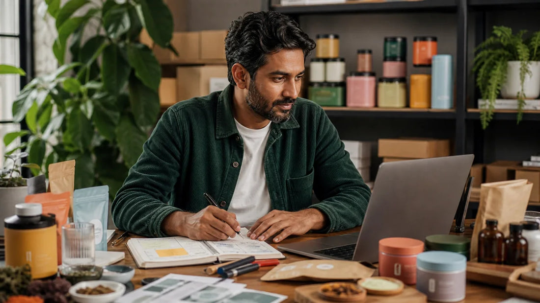 South Asian male supplement brand founder planning an email campaign beside product jars and a laptop