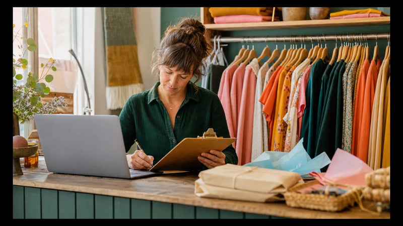 Independent fashion shop owner working through an SEO checklist beside a laptop and clothing rail