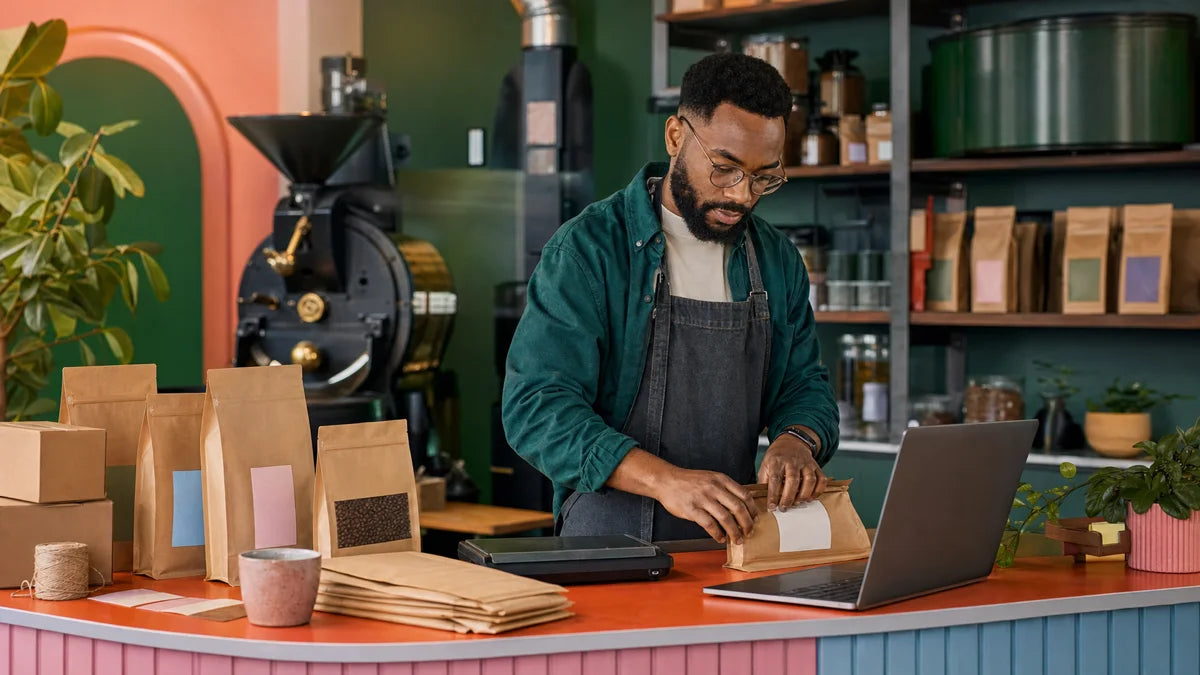 Black male coffee shop owner packing online orders beside a laptop and bags of roasted coffee