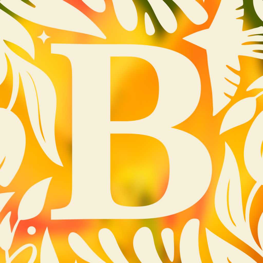 Letter 'B' surrounded by a colorful floral pattern on a yellow background