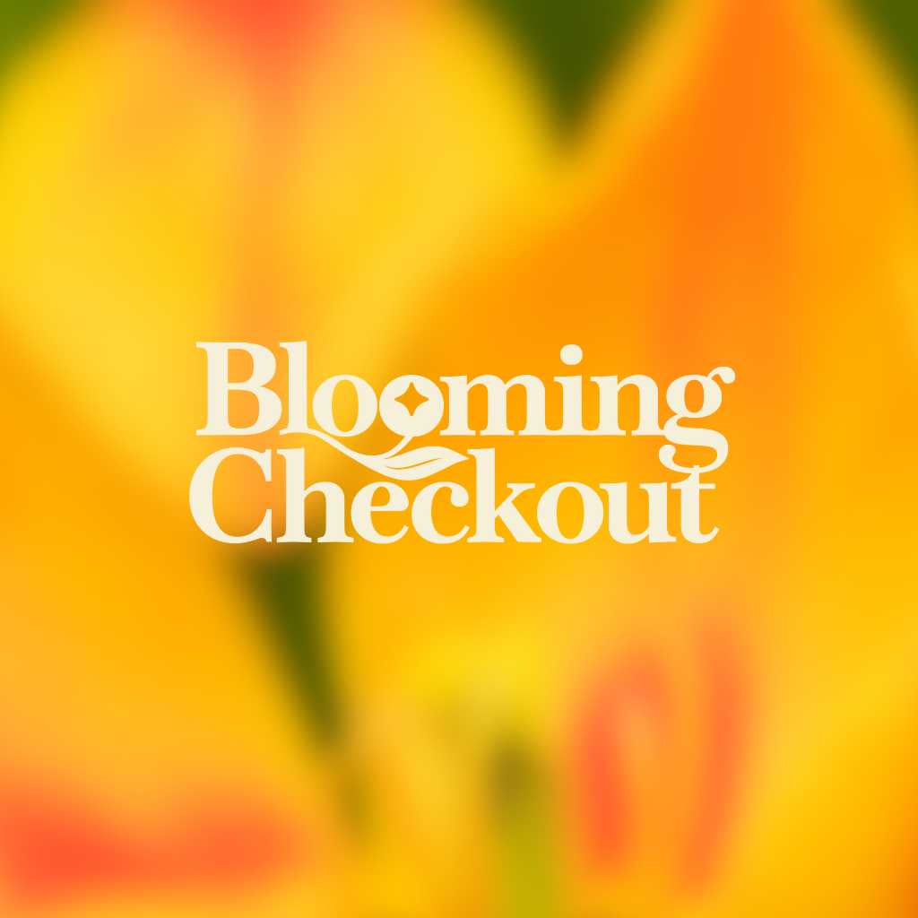 Blurred image of a flower with 'Blooming Checkout' text overlay