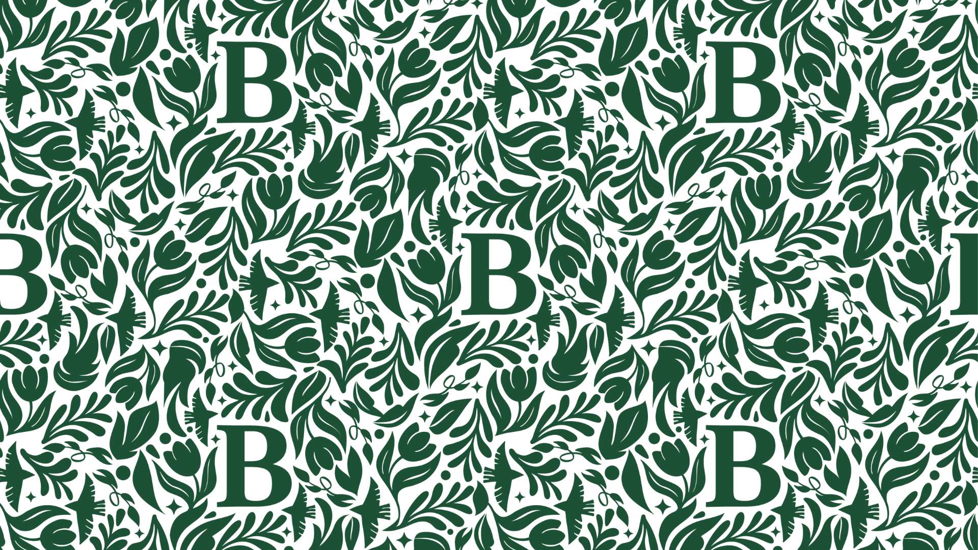 Pattern of green leaves and 'B' letters on a white background