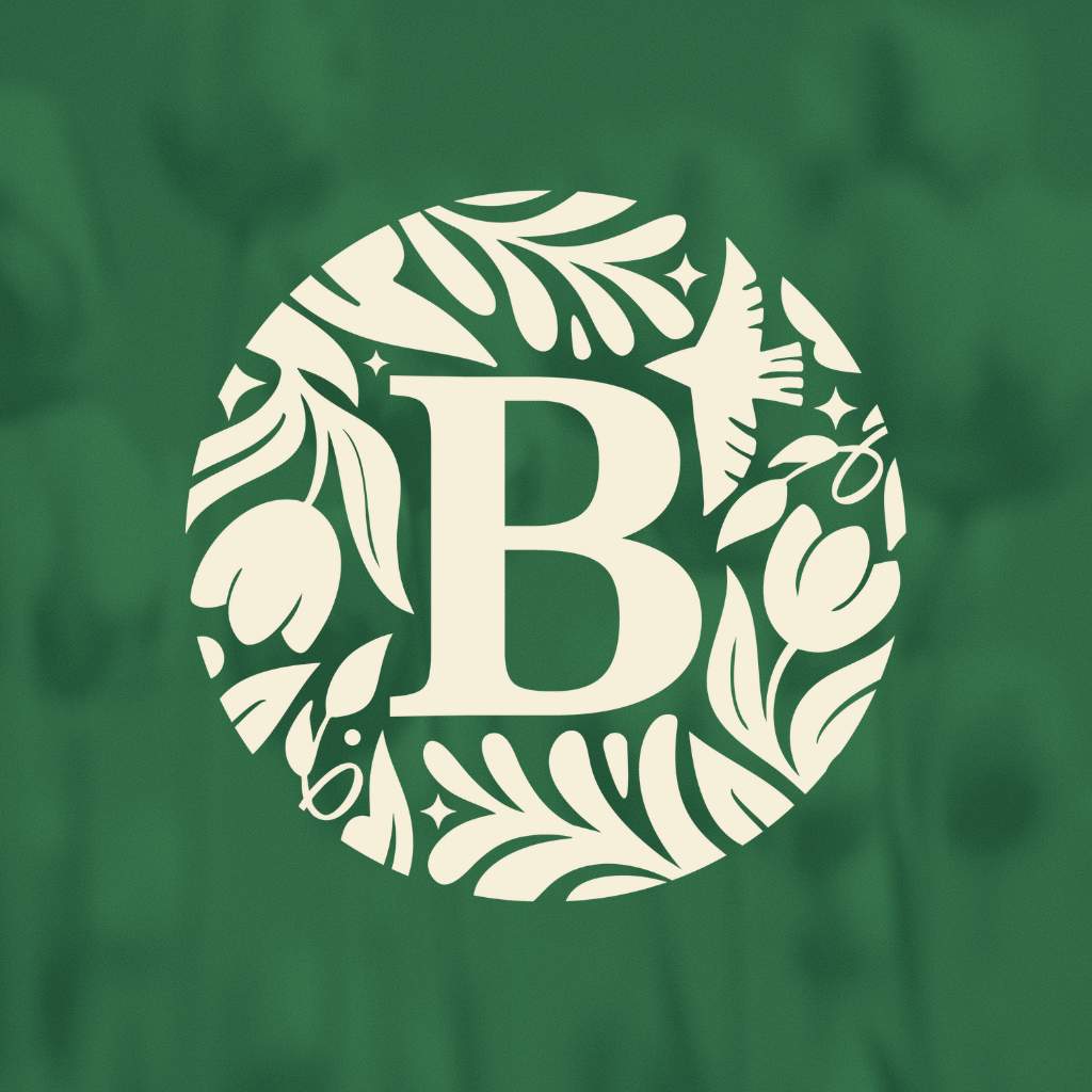Circular design with a white 'B' surrounded by floral elements on a green background