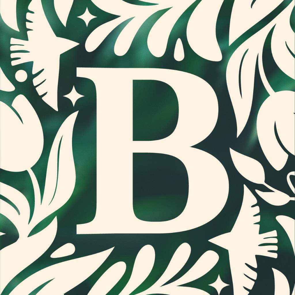 Letter 'B' surrounded by decorative white leaves and flowers on a green background