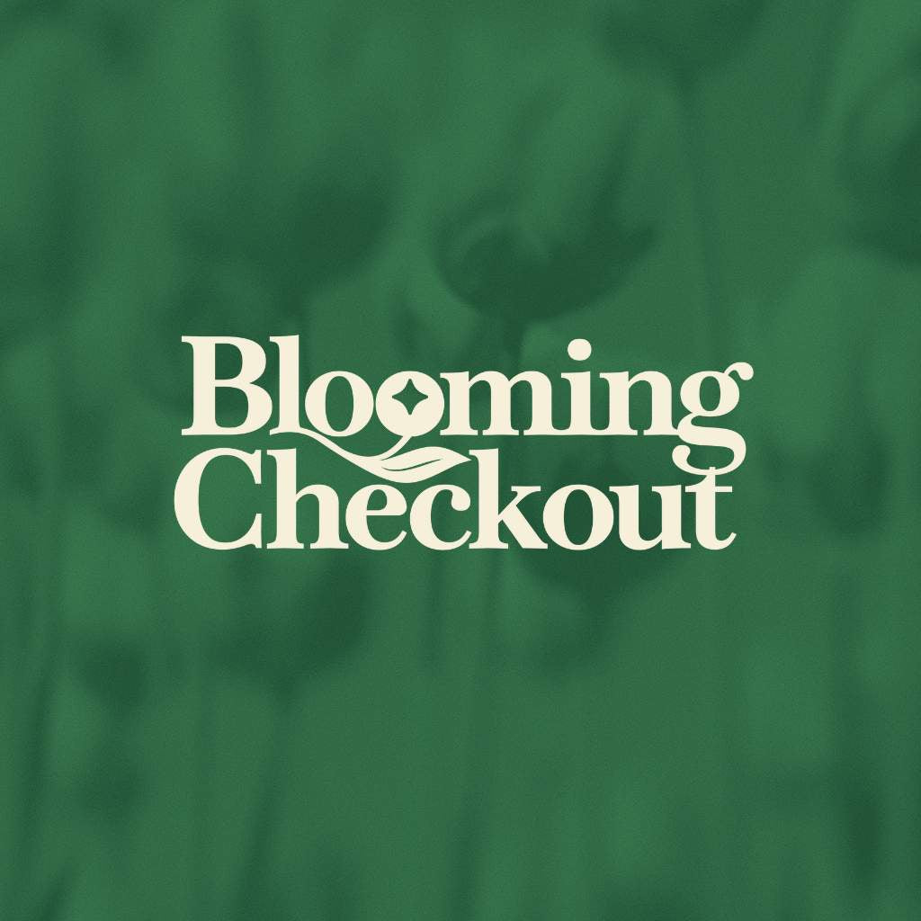 Logo of 'Blooming Checkout' on a green background with floral elements.