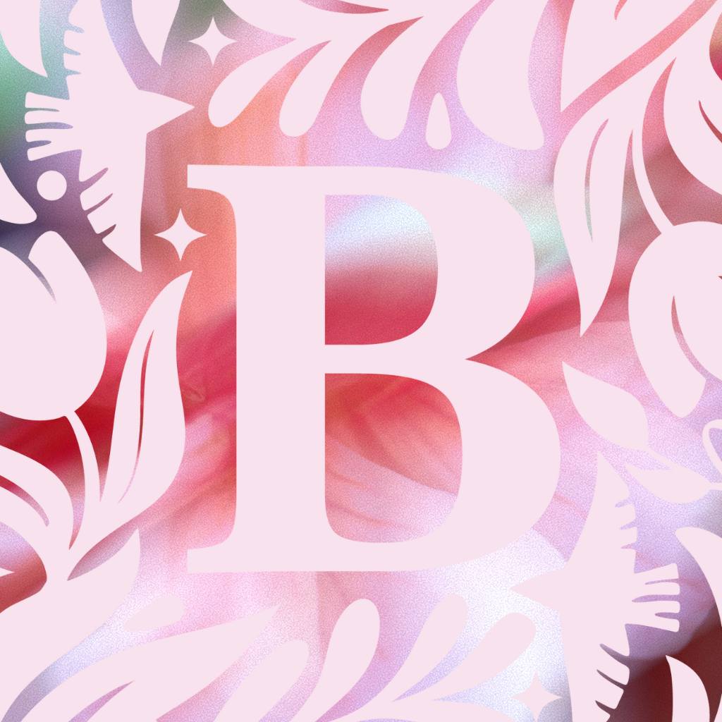 Letter 'B' with floral designs on a colorful gradient background