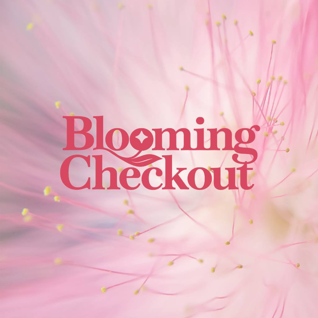 Floral design with 'Blooming Checkout' text on a pink background