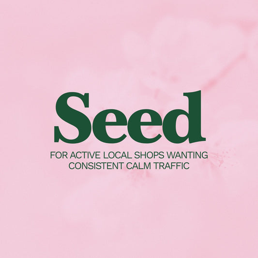 Text 'Seed' on a pink background with additional text about active local shops.