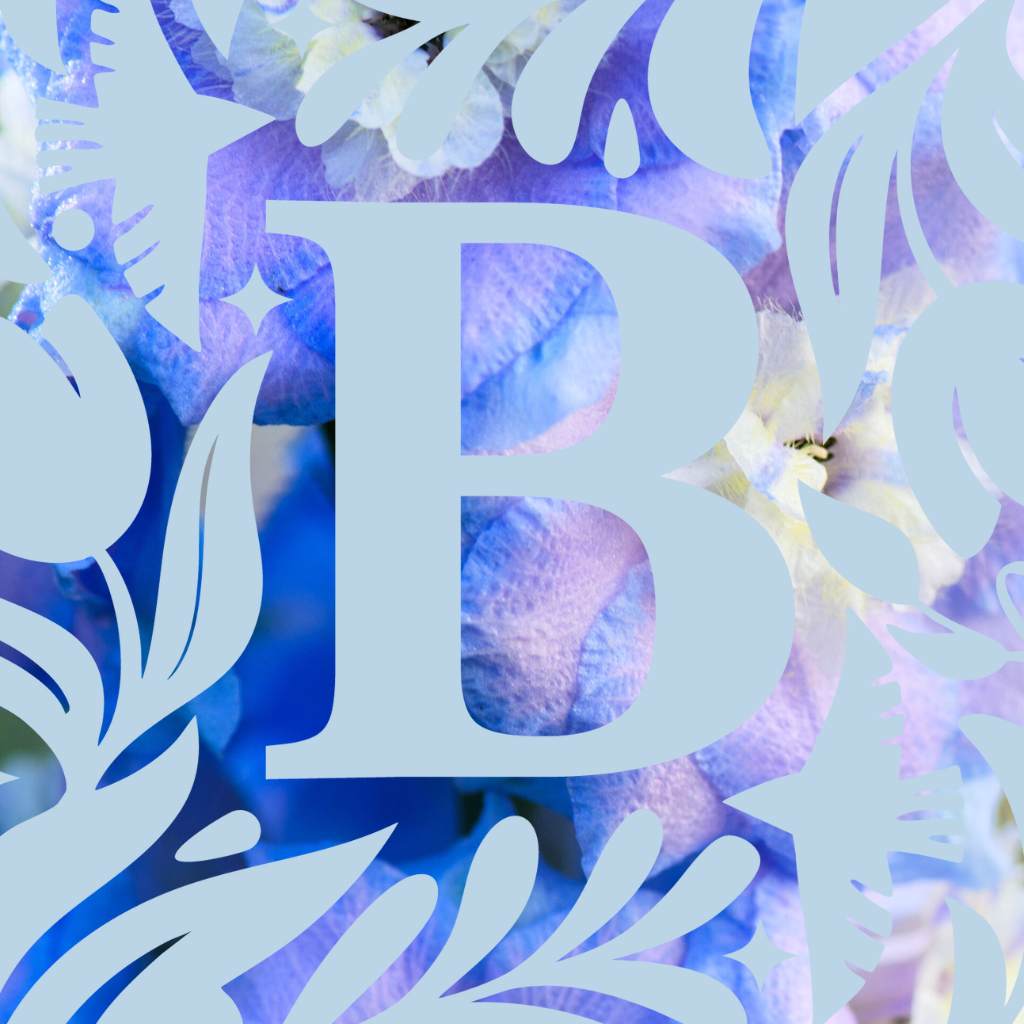Letter 'B' with floral design on a blue and purple gradient background