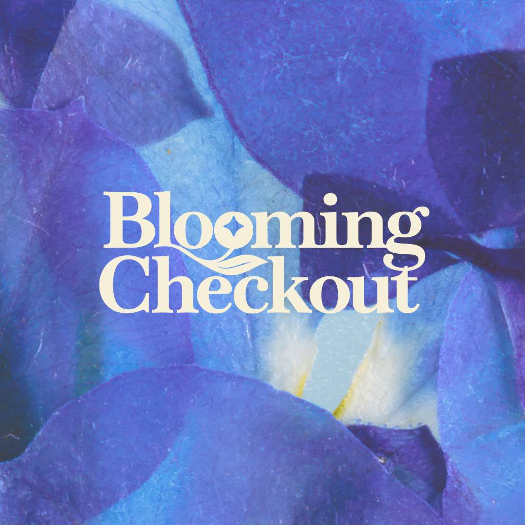 Blue floral background with 'Blooming Checkout' text