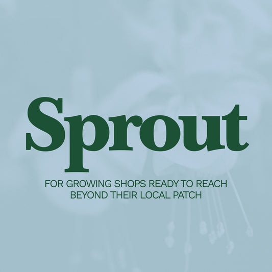 Text 'Sprout' on a light blue background with additional text about growing shops.