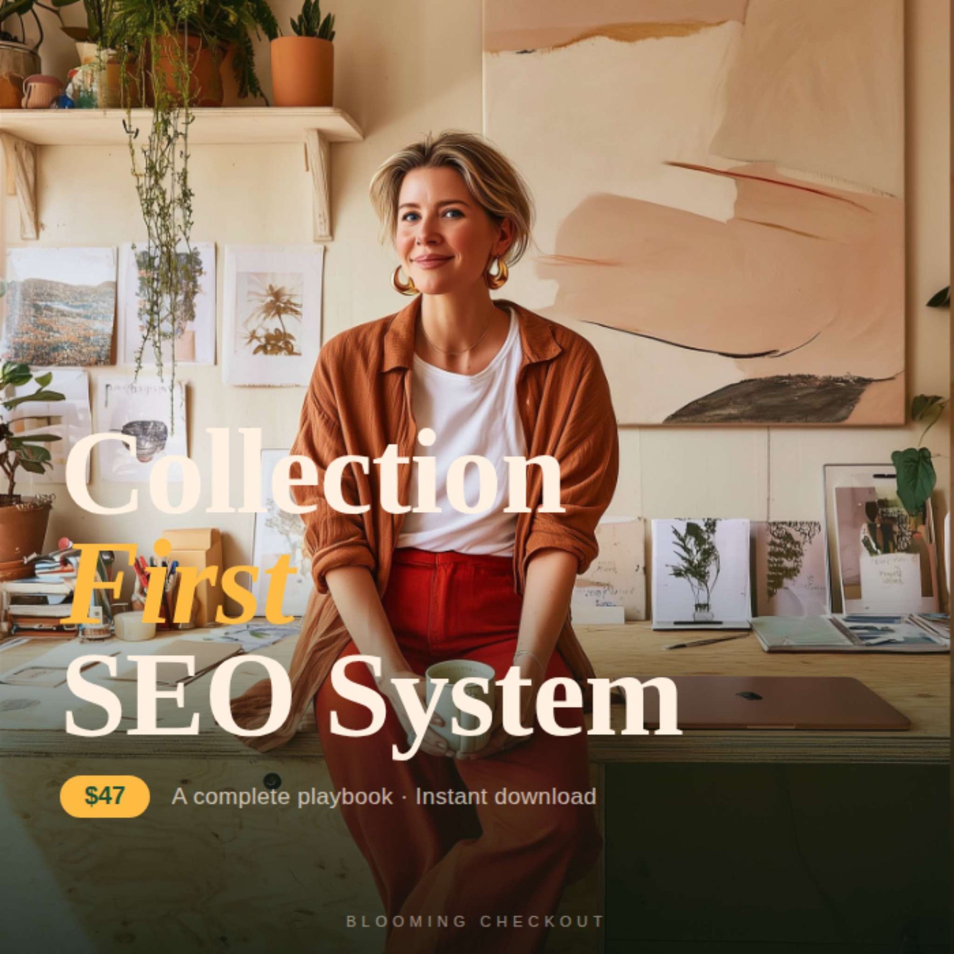 Woman sitting at a desk in a home office with text overlay about an SEO system.