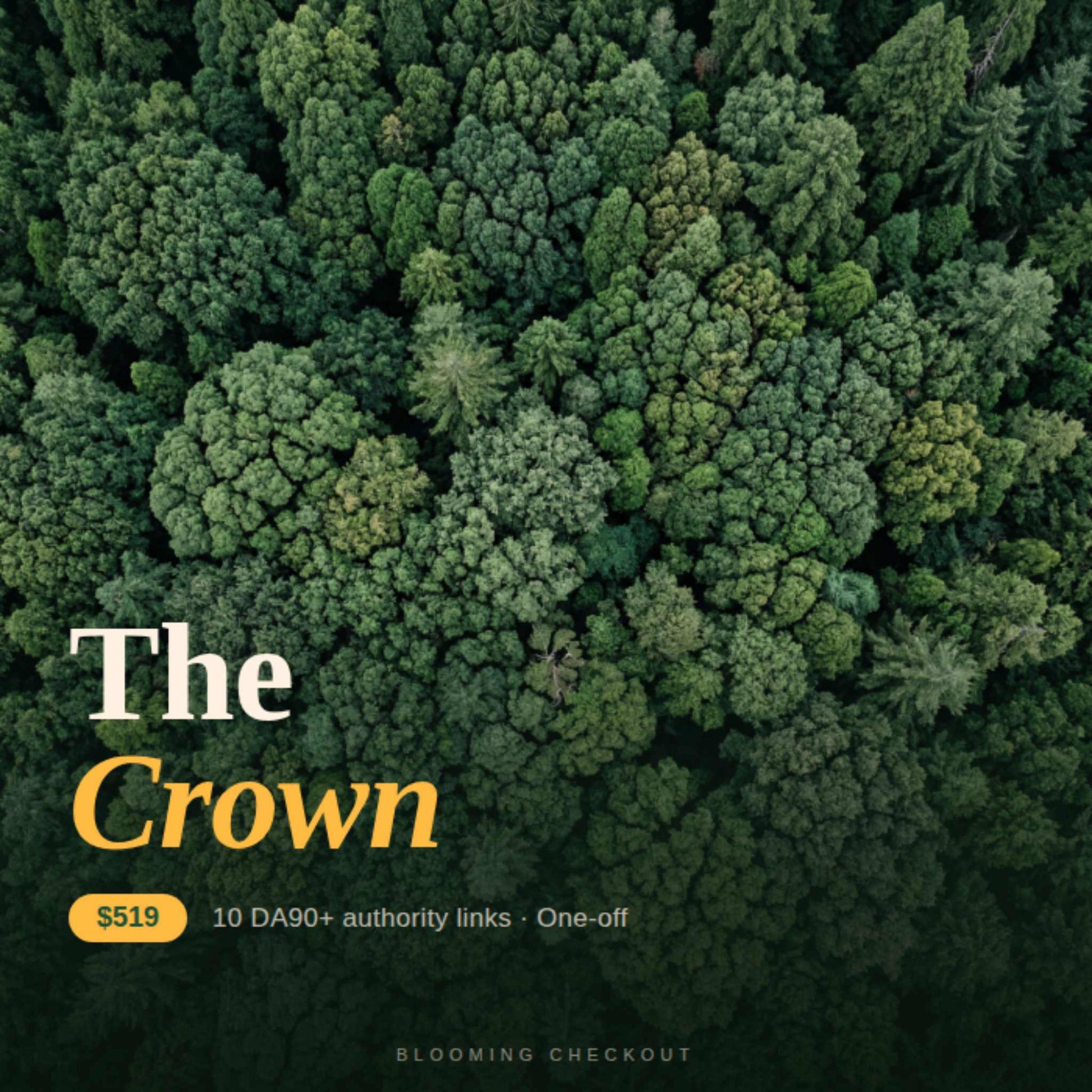 Aerial view of a dense forest with 'The Crown' promotional text overlay.