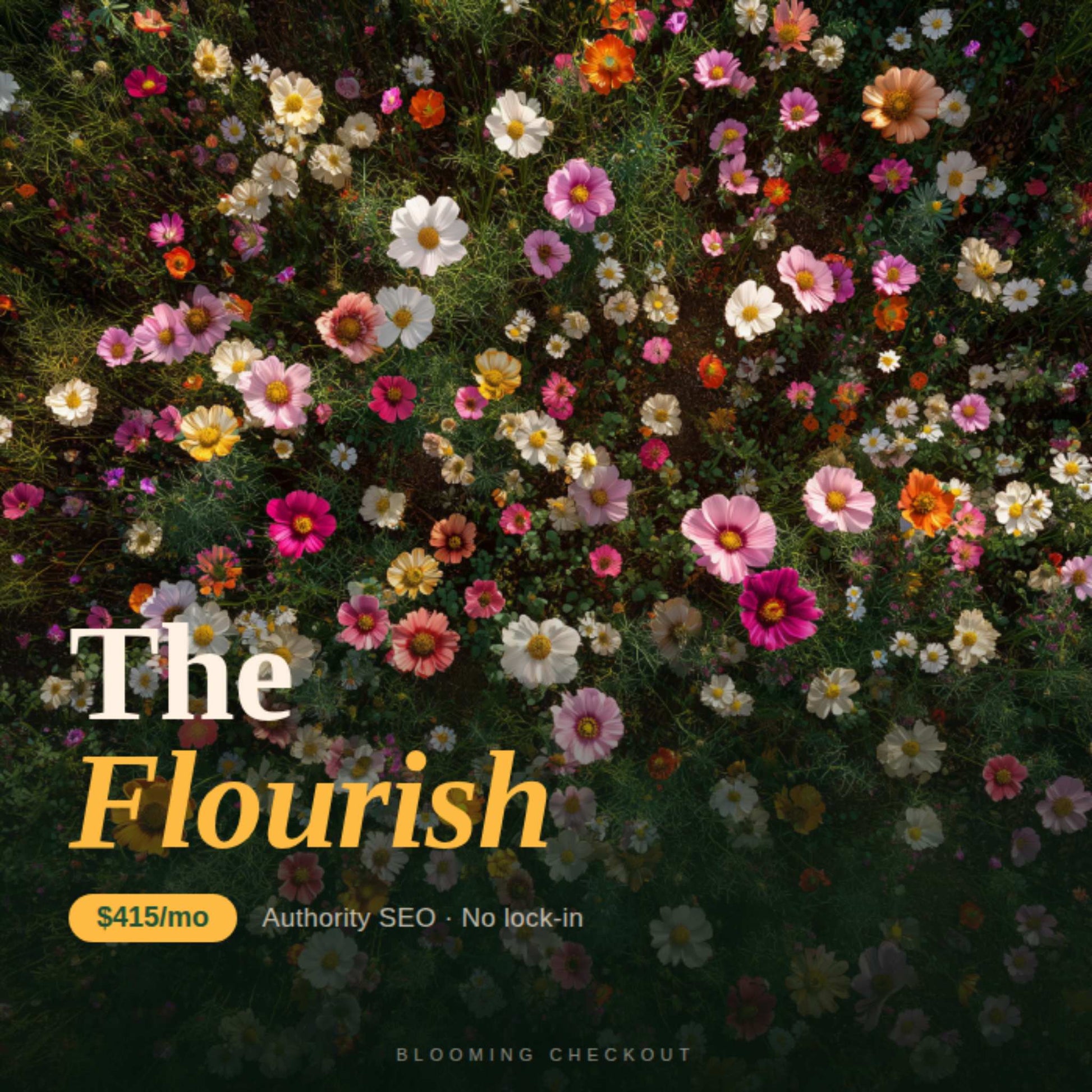 Colorful flowers with 'The Flourish' branding and SEO information.
