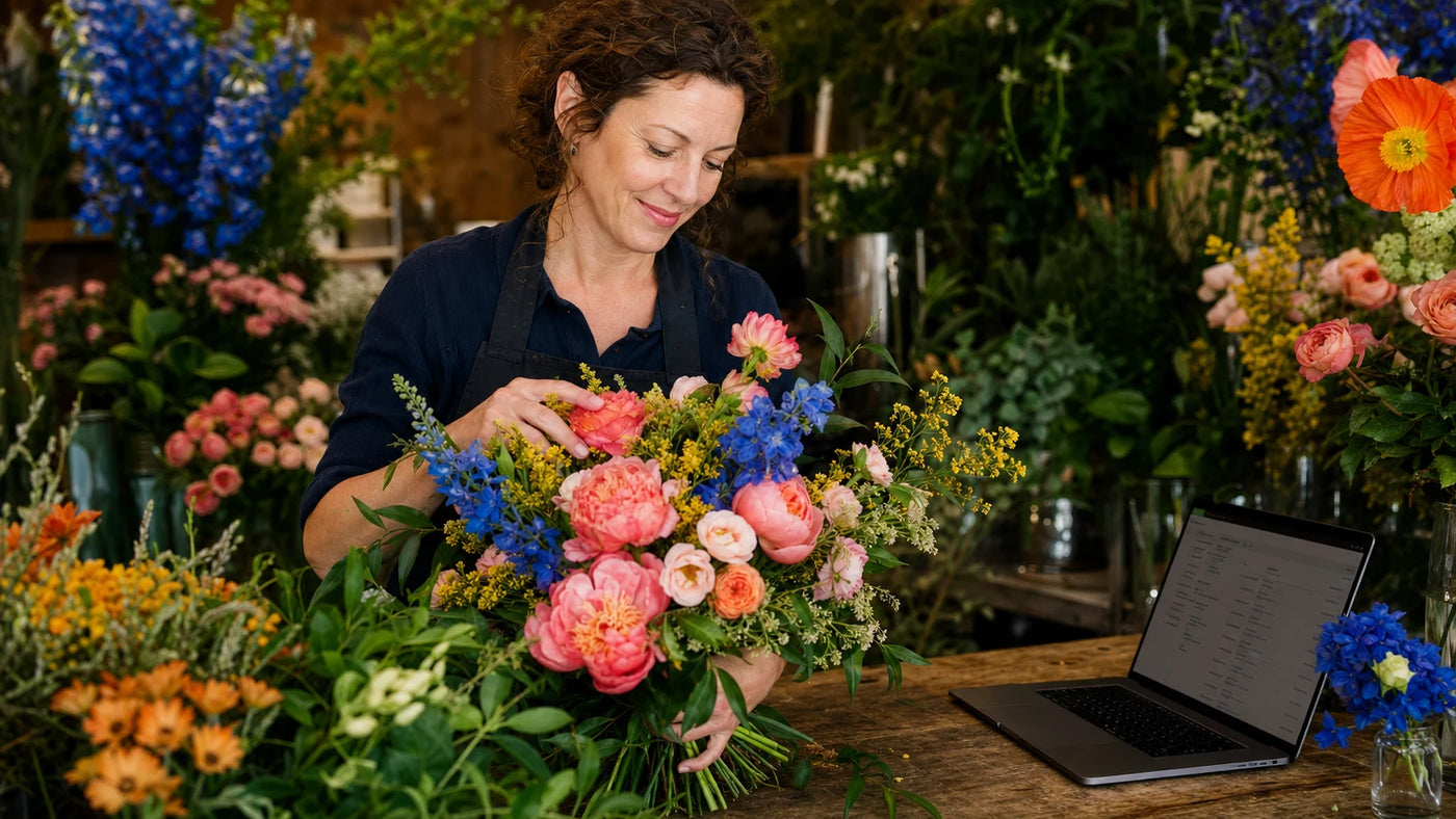 Florist arranging colourful flowers in an independent lifestyle shop
