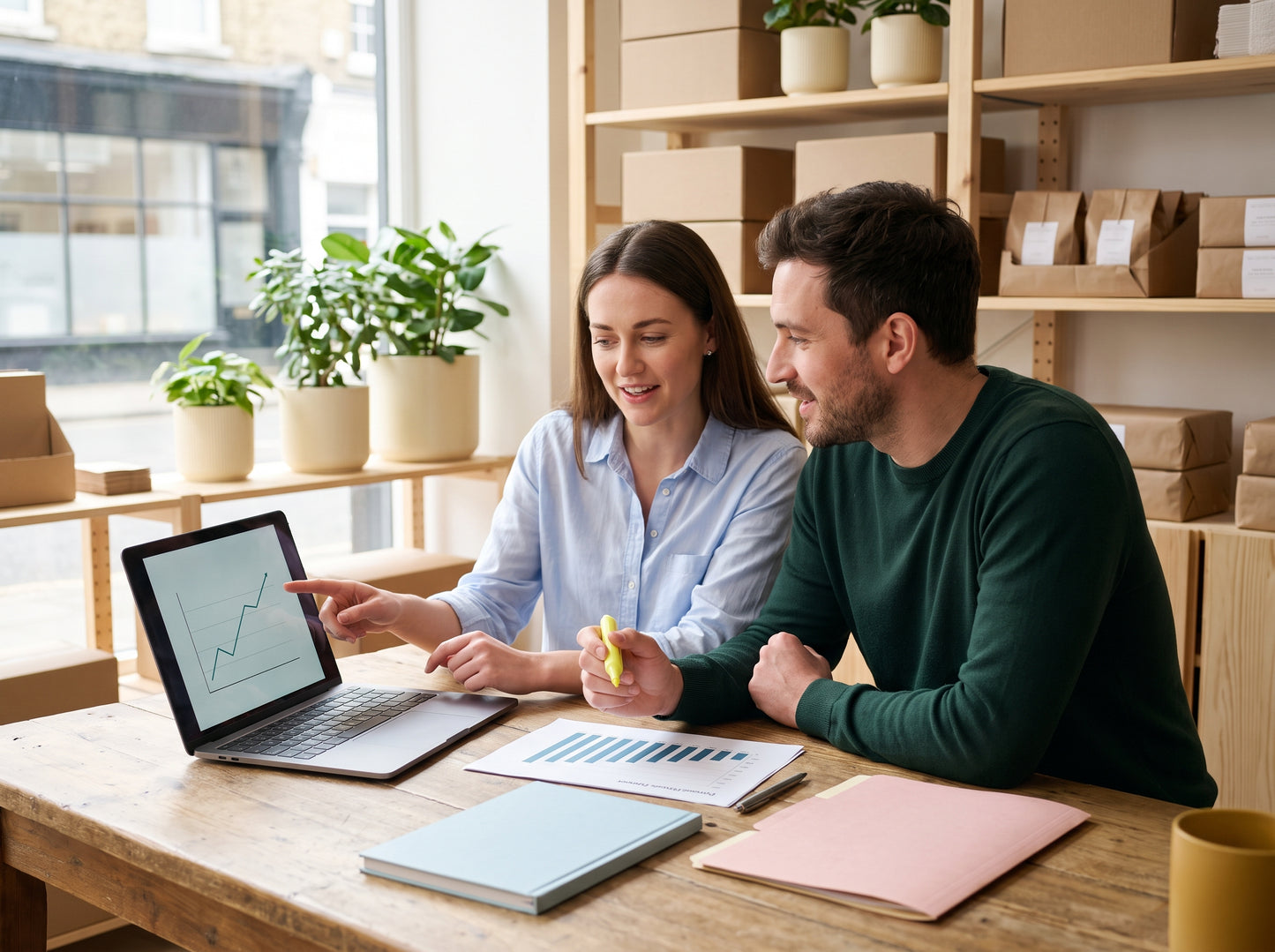 A Shopify store owner and her growth partner reviewing a rising revenue chart together