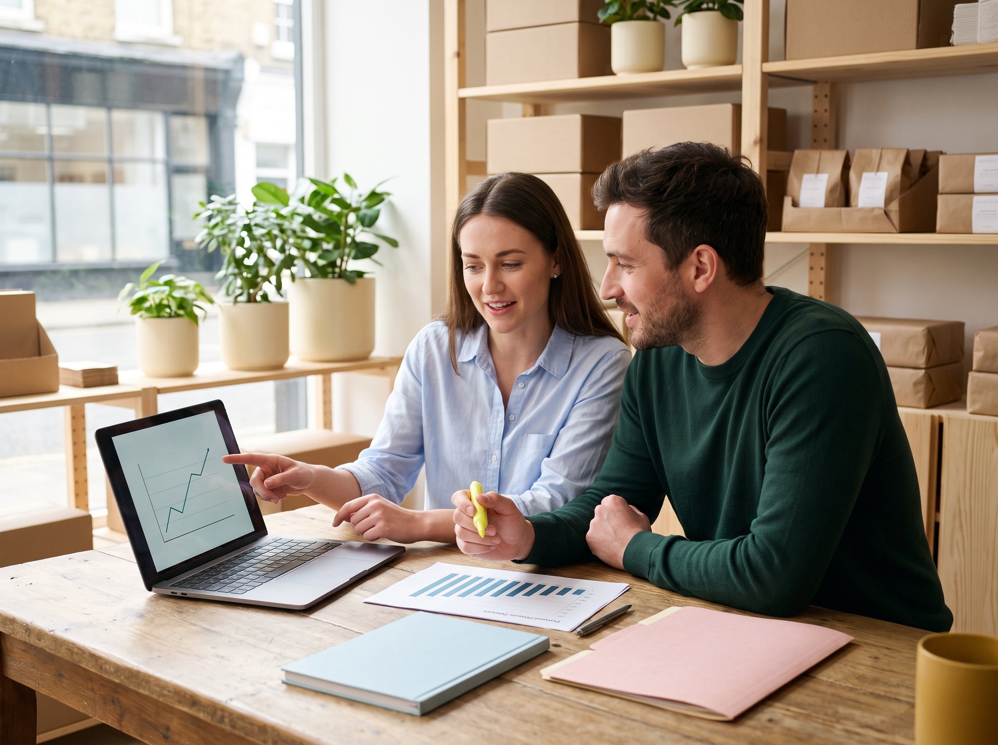 A Shopify store owner and her growth partner reviewing a rising revenue chart together