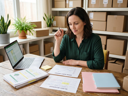 A shop owner reading her printed store SEO audit and 90 day roadmap at her worktable