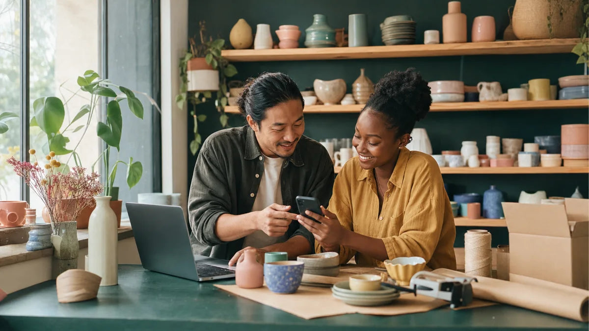 East Asian male and Black woman shop owners reading a customer review together at the counter