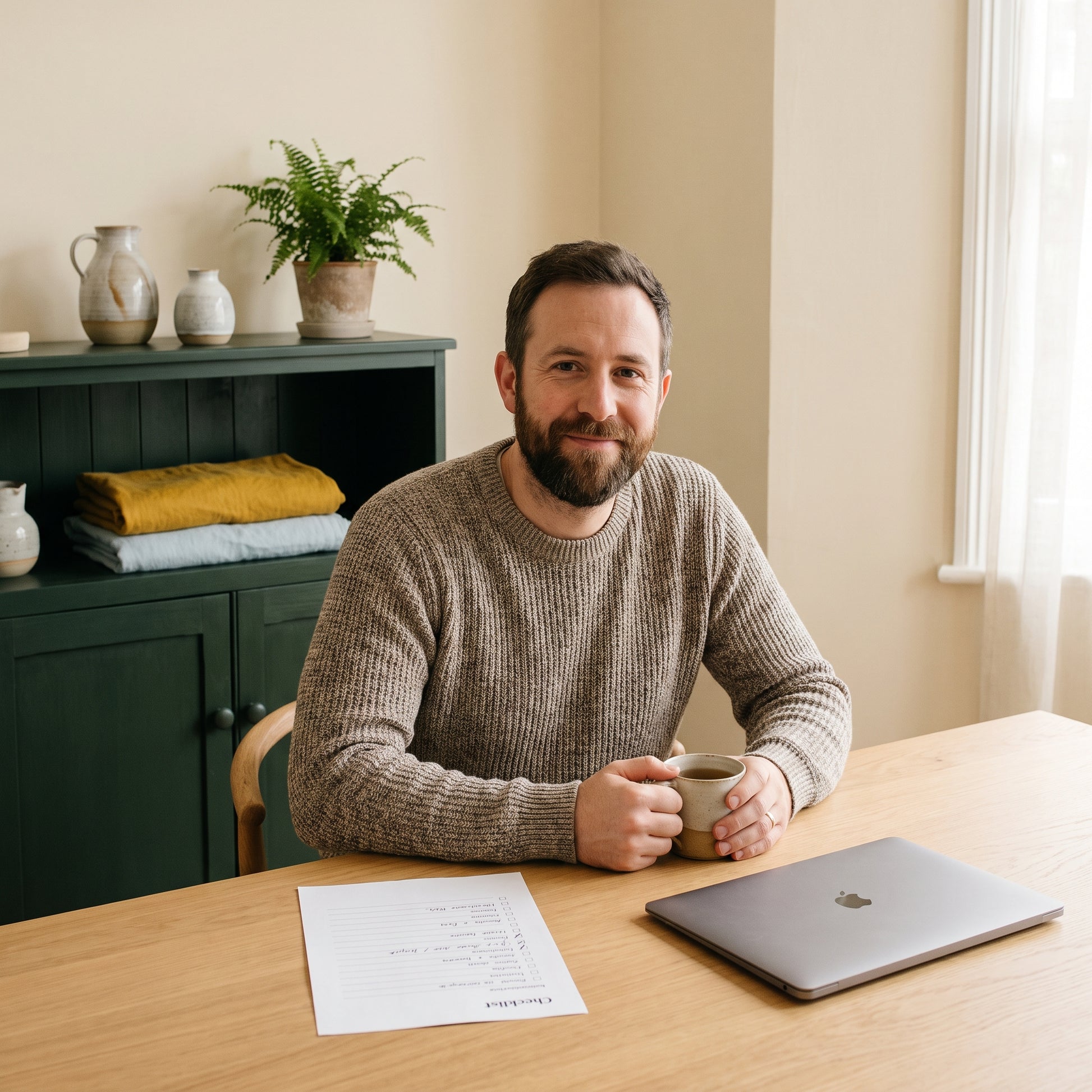 Calm lifestyle shop owner with tea and a simple SEO checklist at his desk