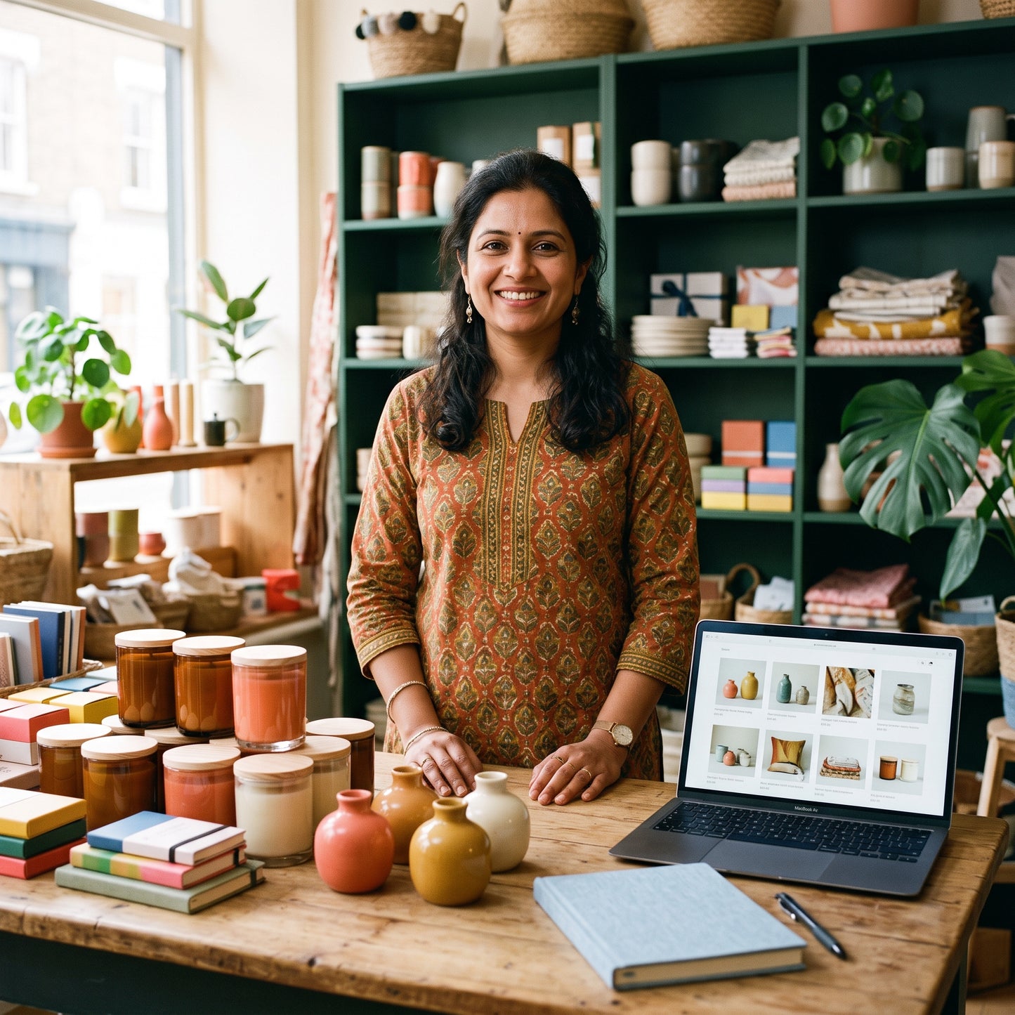 Boutique owner organising her shop products into tidy collections beside her online store