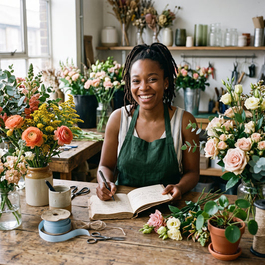 Florist writing blog post ideas in a planner at her flower workbench
